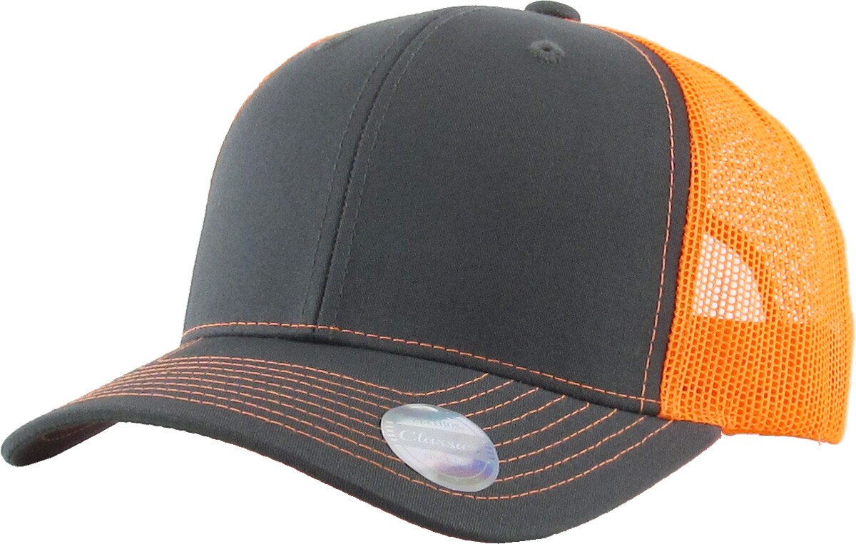 Dark Gray Neon Orange Two Tone Classic 6 Panel Trucker Mesh Snapback Front Side View